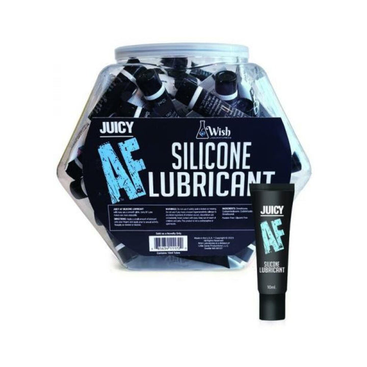 Clear fishbowl container filled with 65 black 10ml tubes of Juicy AF Silicone Lubricant with blue and white label text