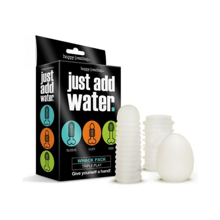 Just Add Water Whack Pack Triple Play set with three translucent textured pleasure sleeves and black packaging box.