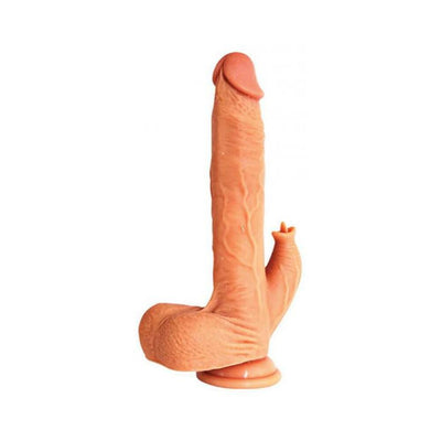 Realistic 6.5-inch silicone dildo with suction base and clitoral stimulator attachment in skin tone color.