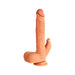 Realistic 6.5-inch silicone dildo with suction base and clitoral stimulator attachment in skin tone color.