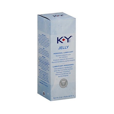 K-Y Jelly 2oz tube personal water-based lubricant in light blue packaging with product details and medical recommendation seal.