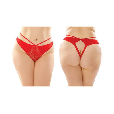 Front and back view of red strappy microfiber and lace thong with back cutout on plus-size model