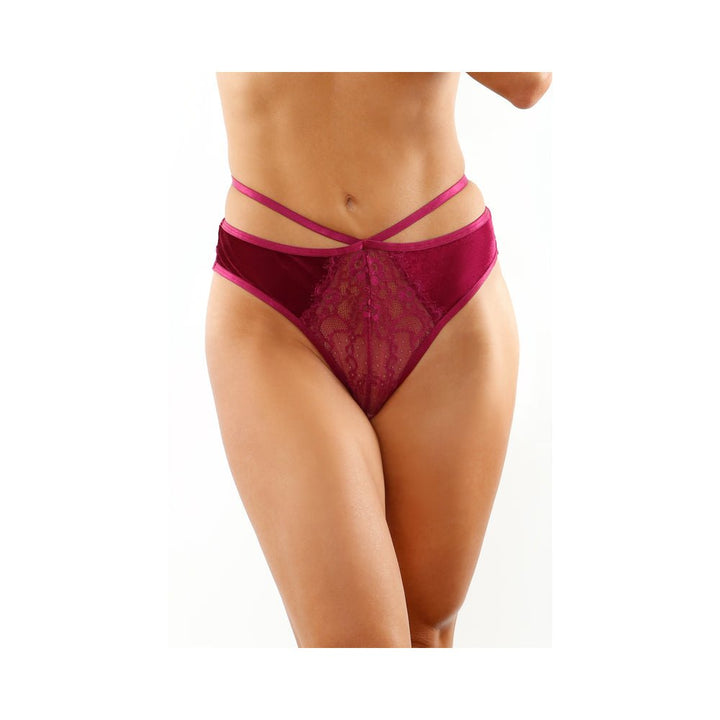Front view of magenta velvet thong with lace panel and double strap detail on hips and waist.