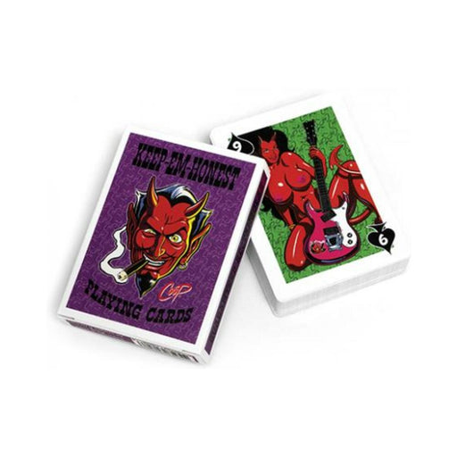 Keep-Em-Honest playing cards featuring a devil character on the box and a custom illustrated card with a red devil woman holding a guitar.