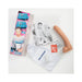 Kevin Dean realistic beige dildo with packaging, photo card, care guide, Vac-U powder, and storage pouch on white background.