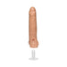 Beige realistic dildo with detailed texture and removable white suction cup base shown separately.