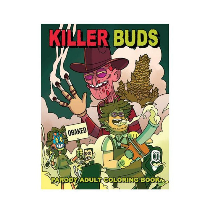 Cover of Killer Buds adult parody coloring book featuring cartoon stoned horror characters and cannabis imagery.