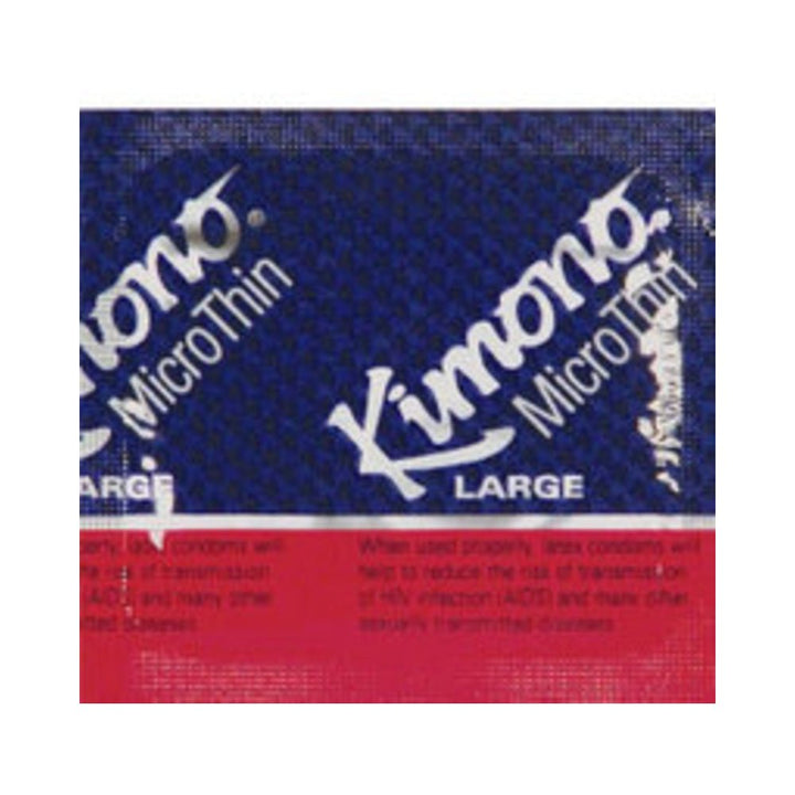 Close-up of Kimono Micro Thin Large condom packaging in blue and red with white text.