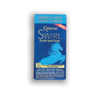 Box of 12 Kimono Swirl condoms with double spiral shape, featuring blue packaging and horse graphic.