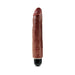 Realistic dark brown vibrating dildo with textured surface and black base on white background.