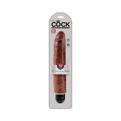 King Cock 10-inch realistic vibrating dildo in brown with multispeed control, packaged in clear plastic display.