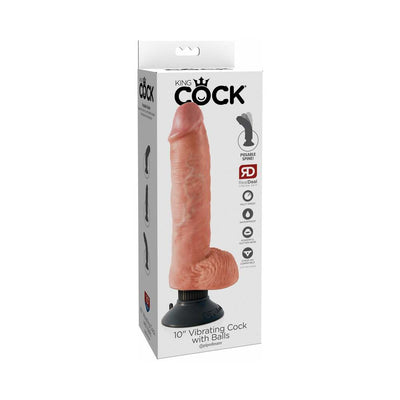 Packaging of King Cock 10-inch realistic vibrating dildo with suction cup base and posable spine.