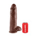 Tan 12-inch realistic dildo with suction base next to a red Pipedream soda can for size comparison.