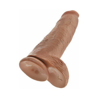Tan 12-inch realistic dildo with detailed texture and suction cup base for hands-free use.