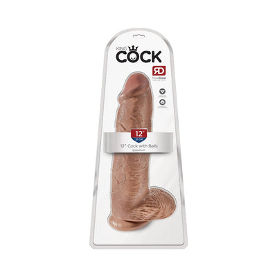 Tan 12-inch realistic dildo with balls in clear packaging labeled King Cock by Pipedream