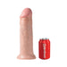 Realistic 12-inch flesh-toned dildo with suction base next to a red Pipedream soda can for size comparison.