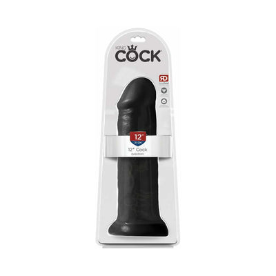 Black 12-inch realistic dildo with suction cup base in clear retail packaging labeled King Cock.