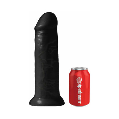Black 12-inch realistic dildo with suction cup base next to a red Pipedream soda can for size comparison.