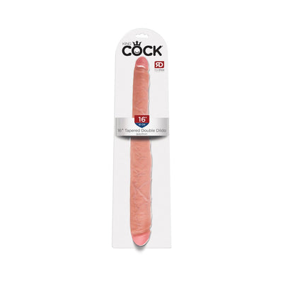 King Cock 16-inch tapered double-ended dildo in beige packaging with realistic texture and details.