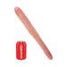 Beige tapered double-ended dildo next to a red Pipedream soda can for size comparison on white background.