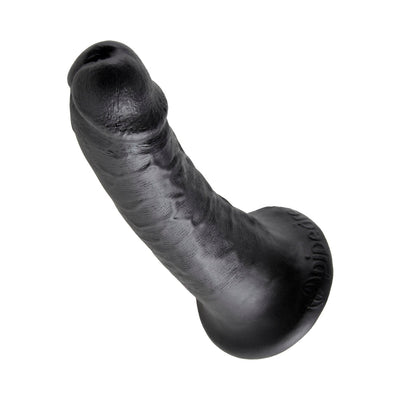 Black 6-inch realistic dildo with detailed texture and strong suction cup base on white background.