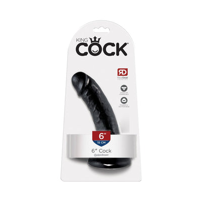 King Cock 6-inch black realistic dildo with suction cup base in clear retail packaging