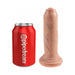 Beige realistic 6-inch uncut dildo with movable foreskin and suction base next to a red Pipedream soda can for size comparison.