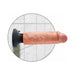 Beige realistic vibrating dildo with suction cup base attached to tiled wall background.