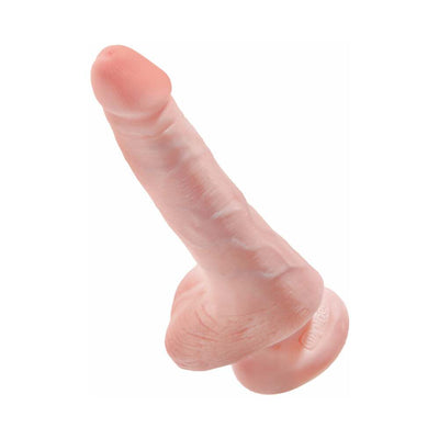 Realistic 6-inch flesh-toned dildo with textured shaft, testicles, and suction cup base for hands-free use.