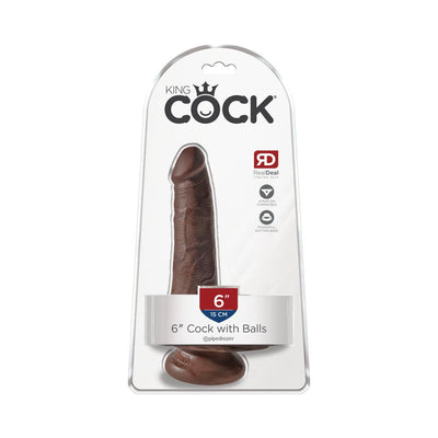 King Cock 6-inch realistic dildo with balls in dark brown, featuring suction cup base in clear retail packaging