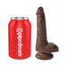 Realistic 6-inch brown dildo with suction cup base next to a red soda can for size comparison.