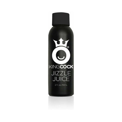 Black 2 fl. oz bottle of King Cock Jizzle Juice lubricant with white logo and text on a white background.