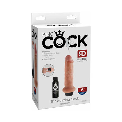 Packaging box of King Cock 6-inch realistic squirting toy with Jizzle Juice and squeeze bulb shown.