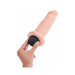 Hand holding the base of a realistic 6-inch squirting adult toy in flesh tone with textured details.
