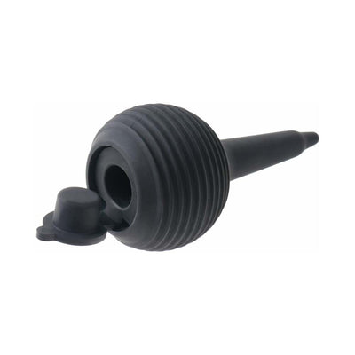 Black ribbed squeeze bulb with tapered nozzle and removable cap for liquid release control.