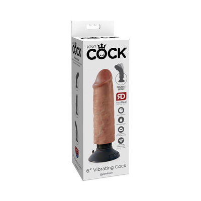 Packaging of King Cock 6-inch realistic vibrating dildo with posable spine and suction base in natural skin tone.