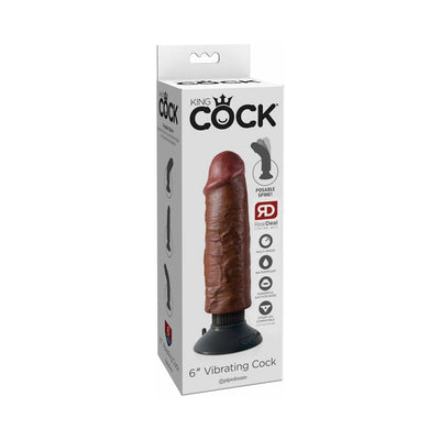 Packaging box of King Cock 6-inch vibrating realistic dildo with posable spine and suction base in dark brown color.
