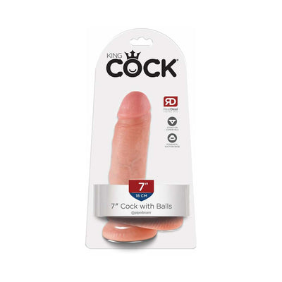 King Cock 7 inch realistic dildo with balls in flesh tone, packaged with suction cup base and strap-on compatibility icons.