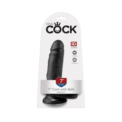King Cock 7 inch black realistic dildo with balls in clear packaging, featuring suction cup base and strap-on compatibility.
