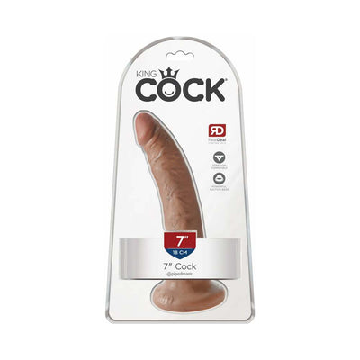 King Cock 7-inch realistic dildo in brown with suction cup base displayed in clear retail packaging