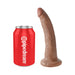 Realistic 7-inch brown dildo with suction cup base next to a red Pipedream soda can for size comparison.