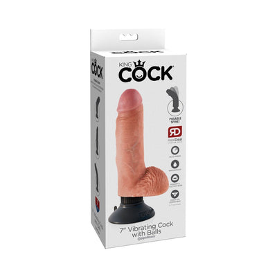 Packaging of King Cock 7-inch realistic vibrating dildo with posable shaft and suction cup base in beige color.