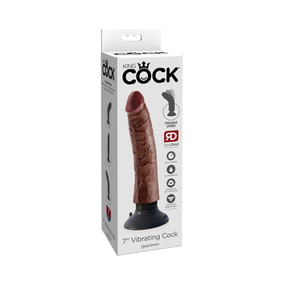 Packaging of King Cock 7-inch realistic vibrating dildo in dark brown with suction base and posable spine features.