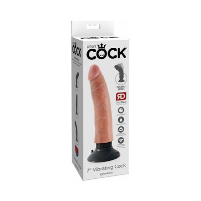 King Cock 7-inch realistic vibrating dildo with posable spine and suction cup base in packaging box.