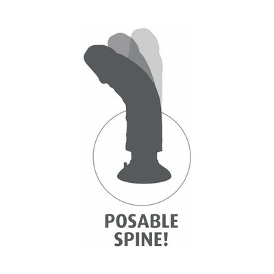 Illustration showing the King Cock 7-inch vibrating dildo with a posable spine feature for adjustable angles.