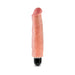 Realistic flesh-tone vibrating dildo with textured surface and black base on white background.