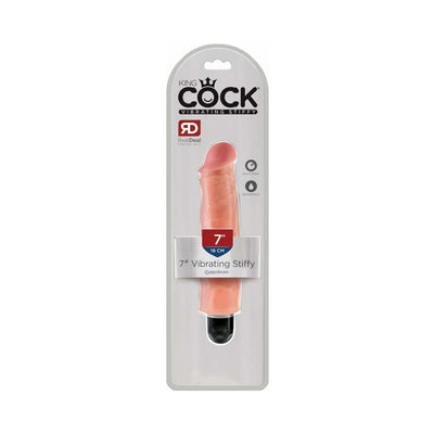 King Cock 7-inch lifelike vibrating dildo in natural skin tone with multi-speed and waterproof features in clear packaging.