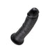 Black 8-inch realistic dildo with detailed texture and suction cup base for versatile use.