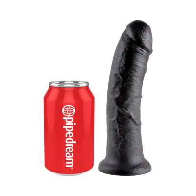 Black 8-inch realistic dildo with suction base next to a red Pipedream soda can for size comparison.