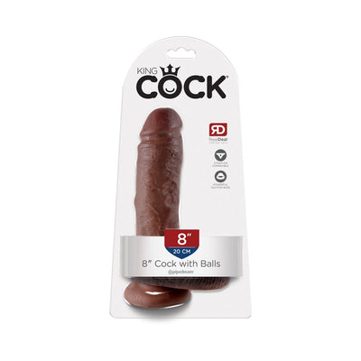 Realistic 8-inch brown dildo with balls in clear retail packaging, featuring suction cup base and strap-on compatibility.